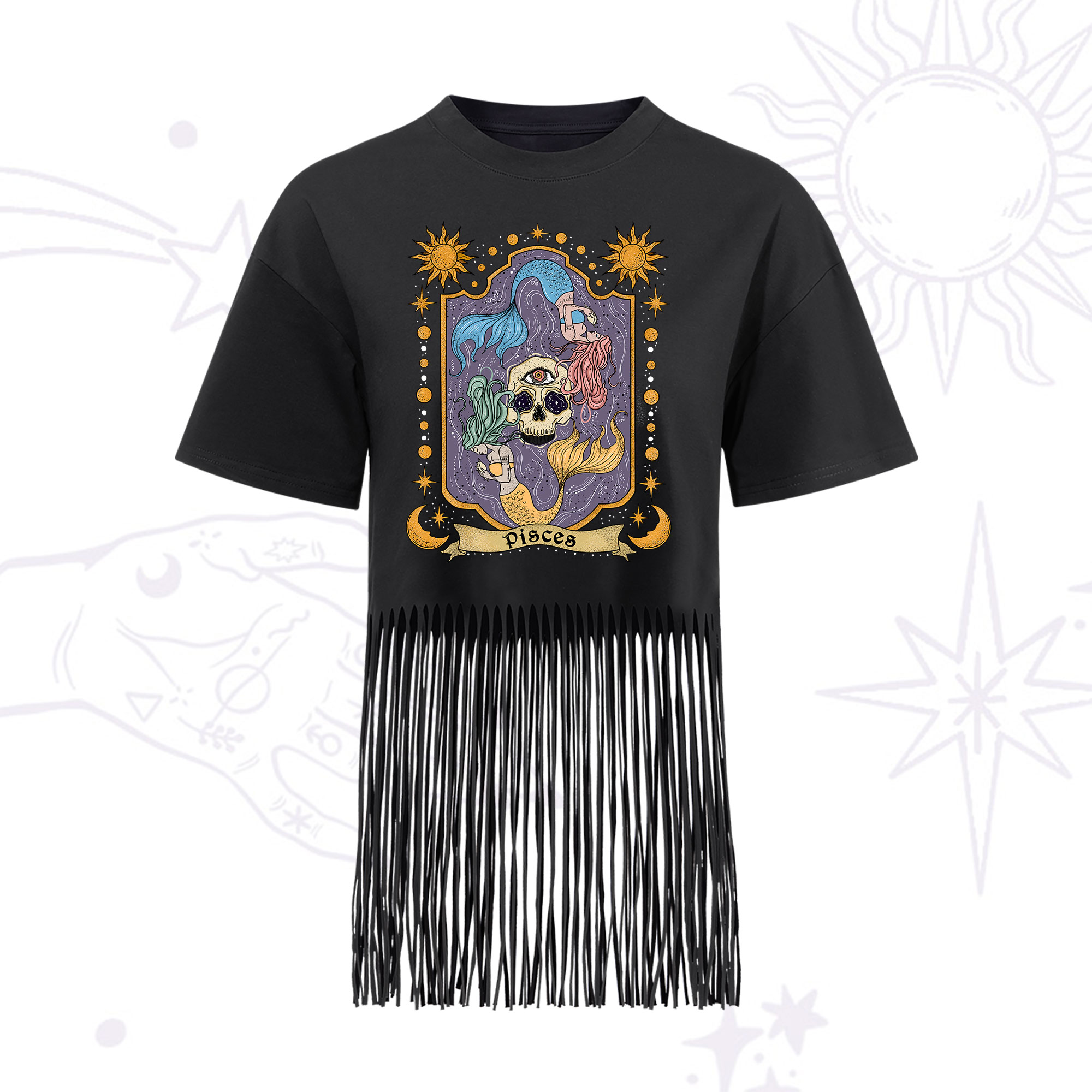 Purplehecate Pisces Zodiac Fringe Hem T-Shirt