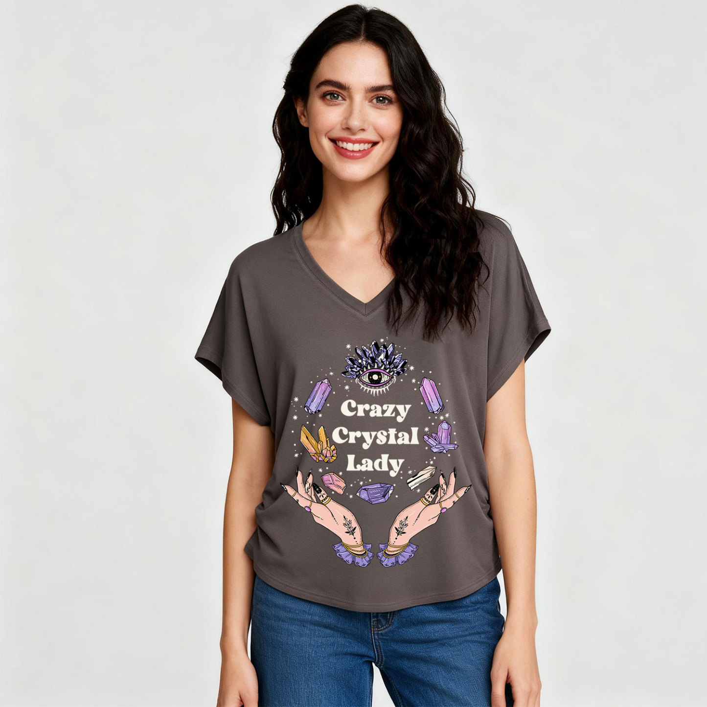Purplehecate Crazy Crystal Lady V-Neck T-Shirt