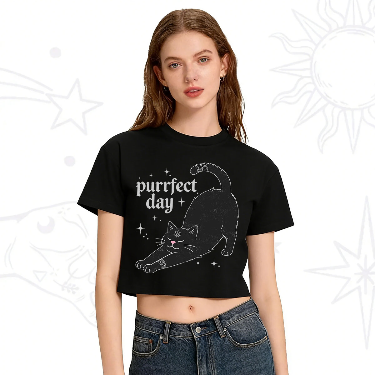 Purplehecate Purrfect Day Black Cat Crop T-Shirt