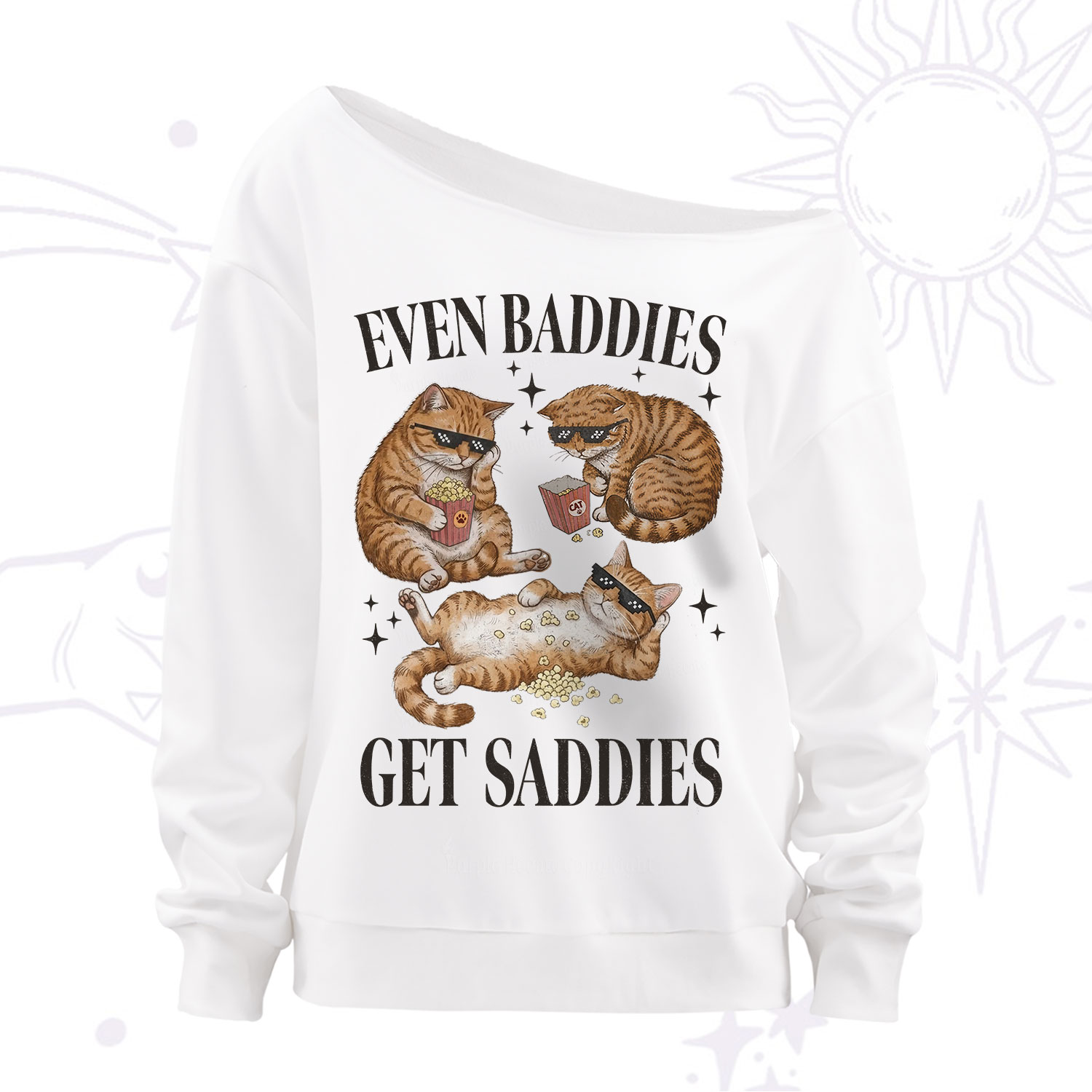 Purplehecate Even Baddies Get Saddies Funny Cat Off The Shoulder Sweatshirt