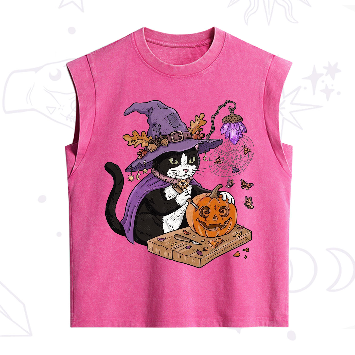 Purplehecate Pumpkin Carving Witch Cat Vintage Washed Tank