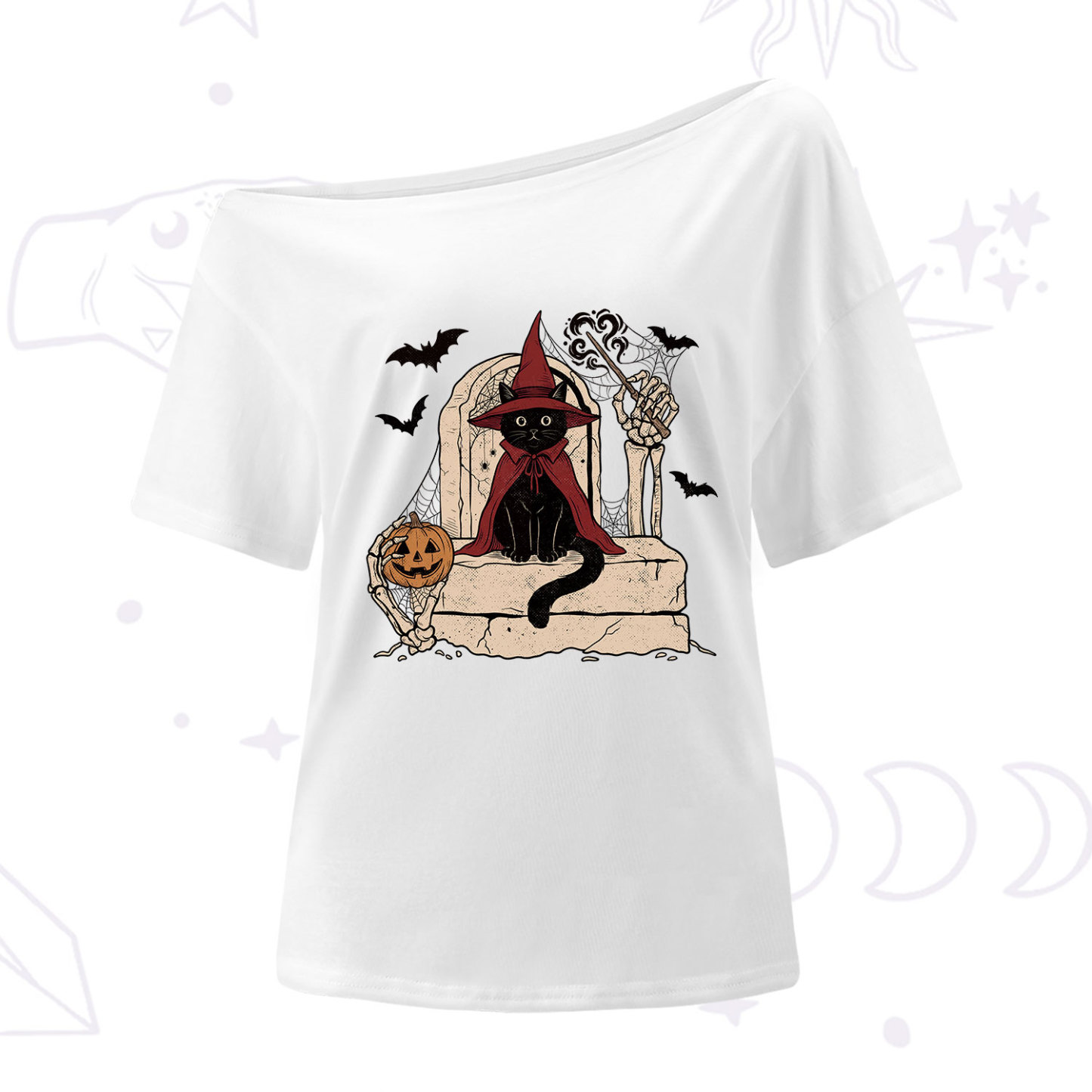 Purplehecate Wizard Black Cat on the Tombstone Halloween One Shoulder T-Shirt