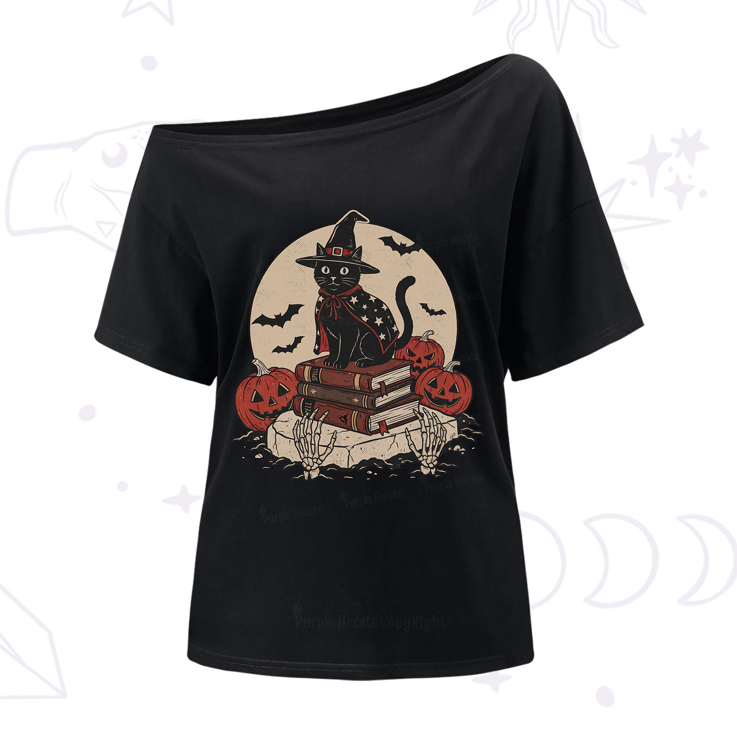 Purplehecate Witch Hat Pumpkin One Shoulder T-Shirt