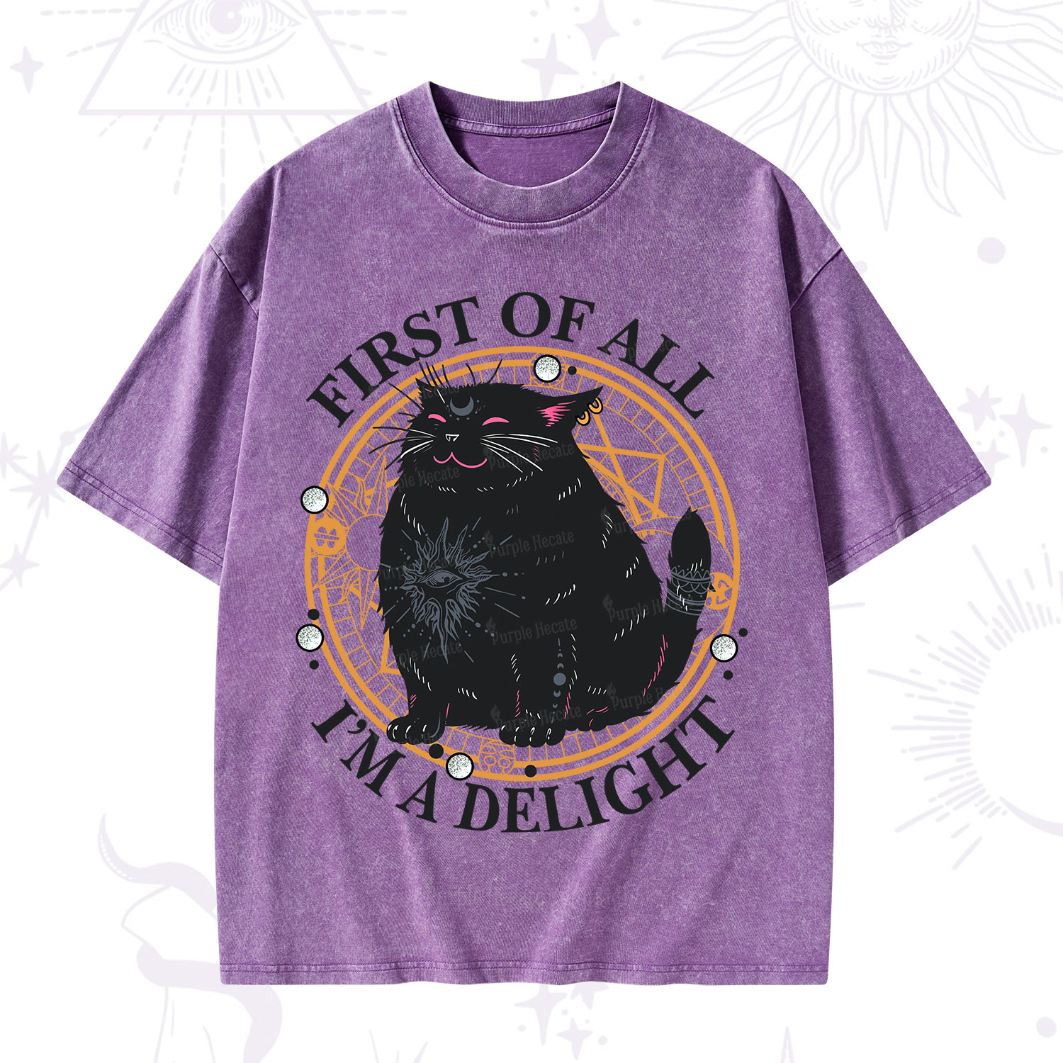 Purplehecate First Of All I'm A Delight Cat Washed T-Shirt