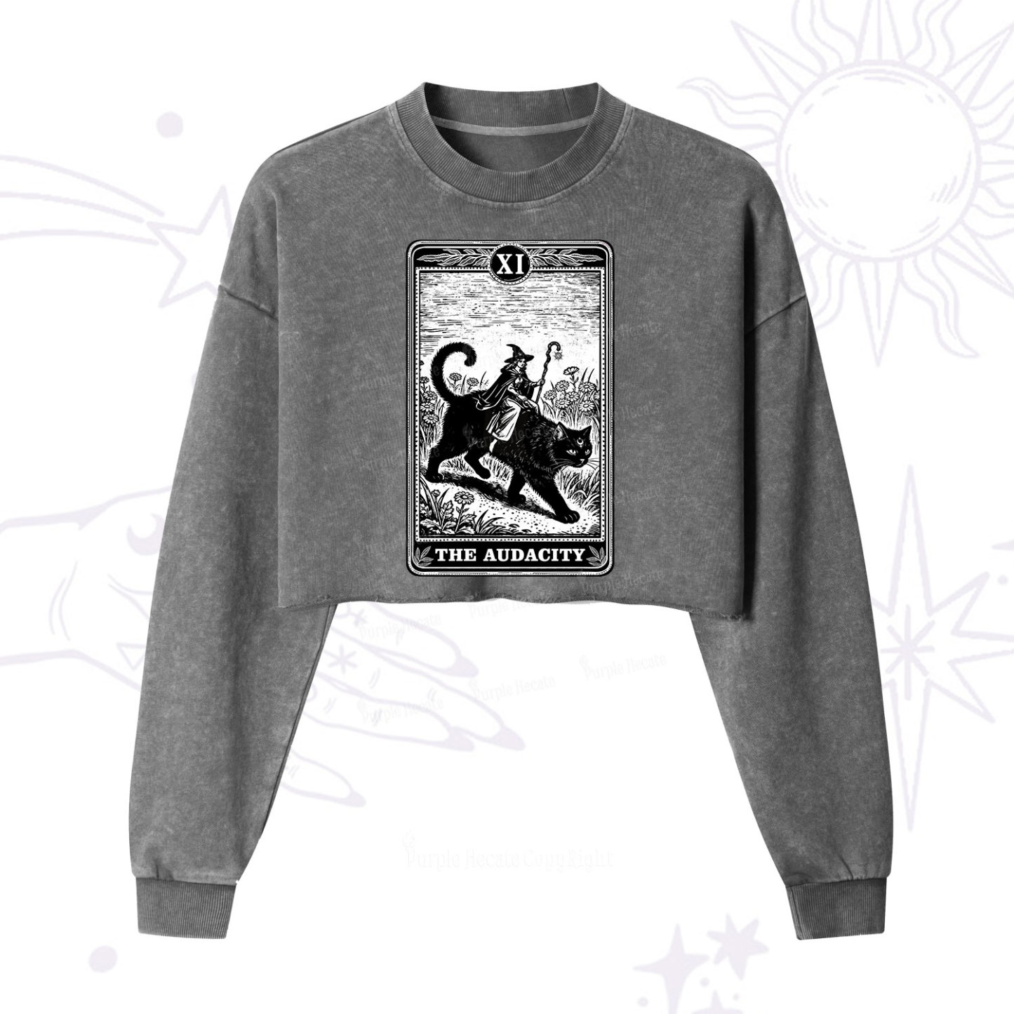 Purplehecate The Audacity Wizard Cat Tarot Cropped Washed Sweatshirt