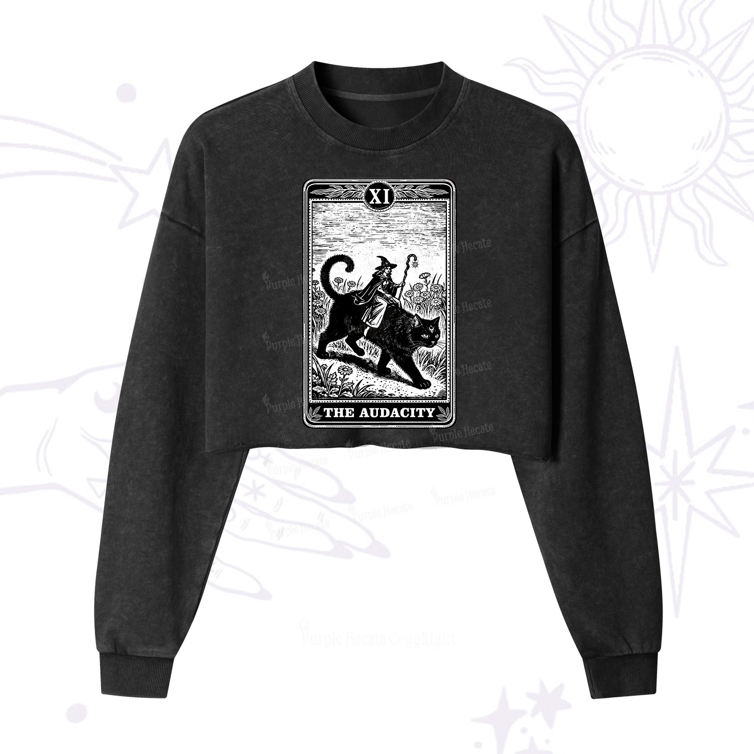 Purplehecate The Audacity Wizard Cat Tarot Cropped Washed Sweatshirt
