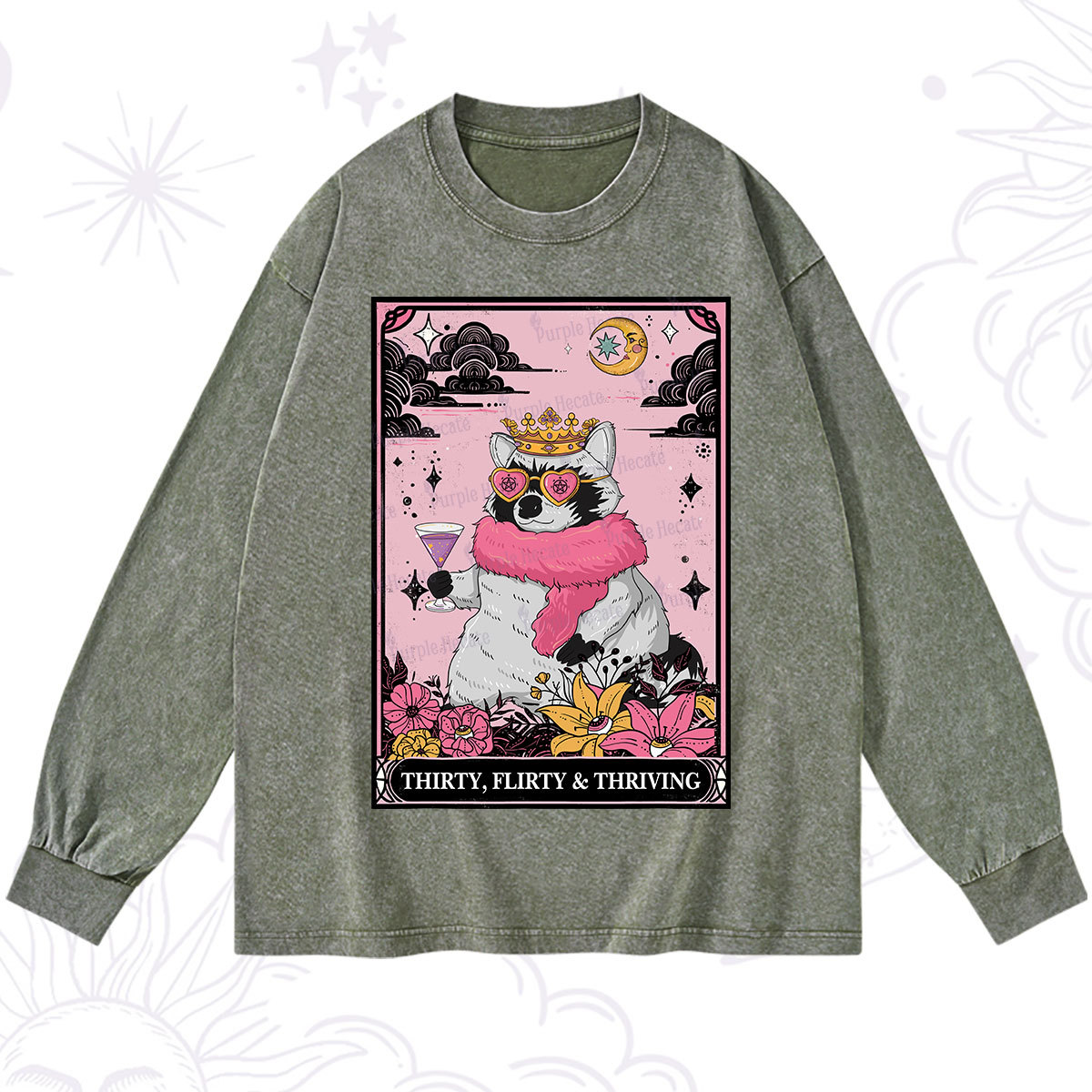 Purplehecate The Thirty Flirty Thriving Oracle Card Washed Long Sleeve Shirt