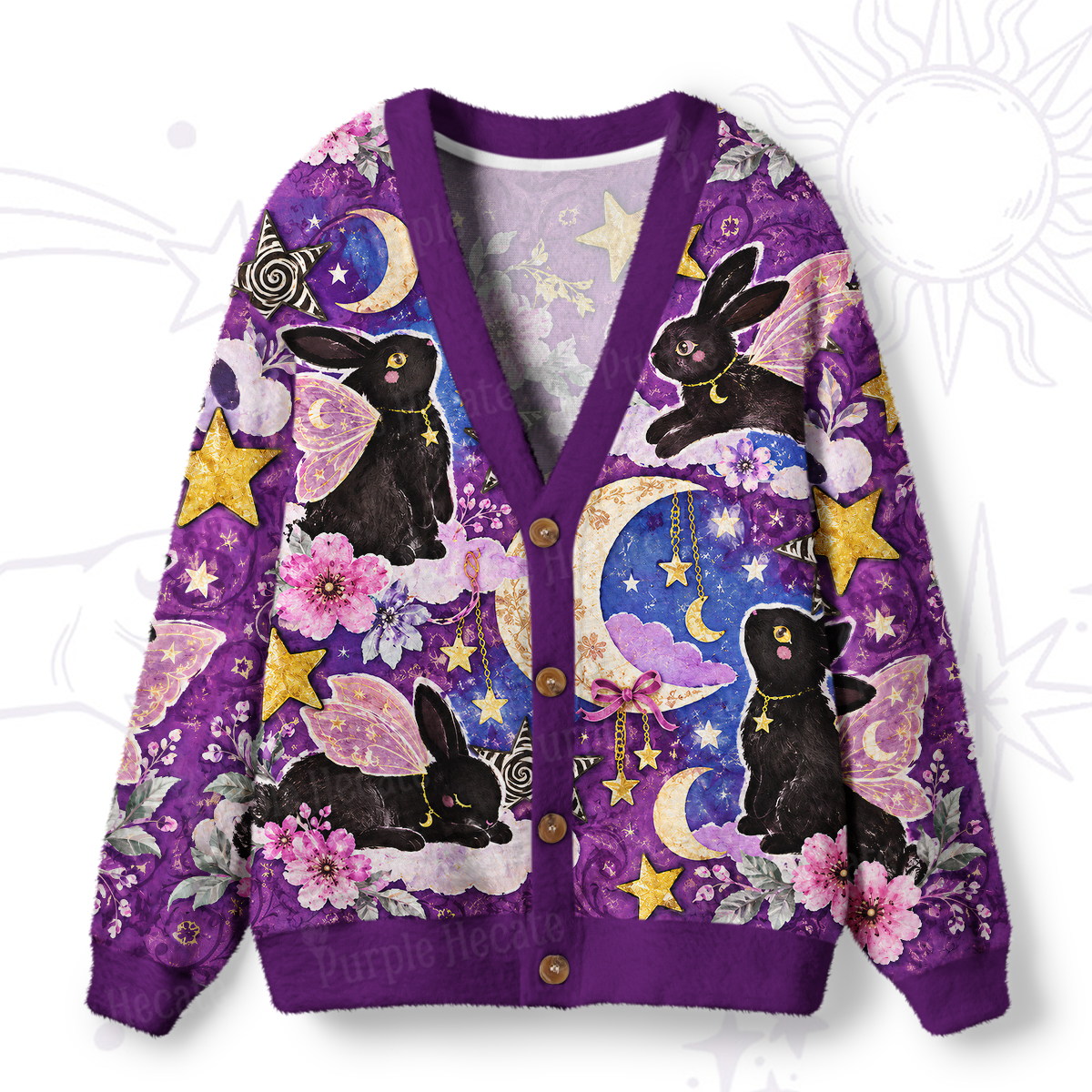 Purplehecate Enchanted Black Bunny Meditation Ugly Cardigan Sweaters