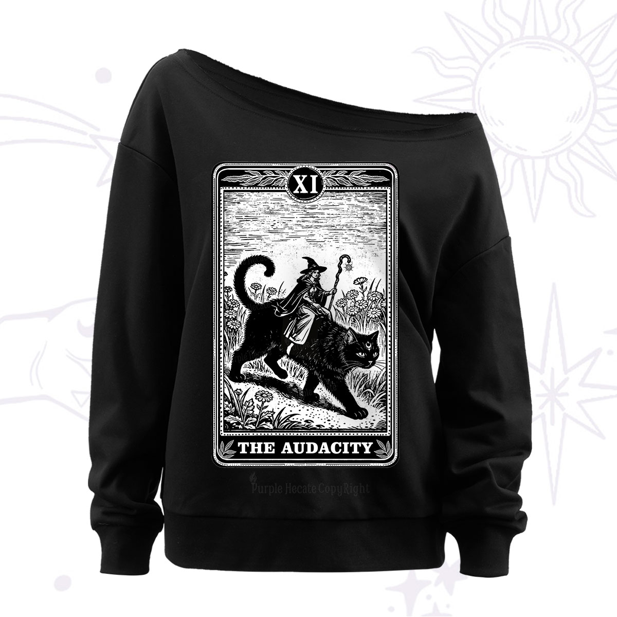 Purplehecate The Audacity Wizard Cat Tarot Off The Shoulder Sweatshirt