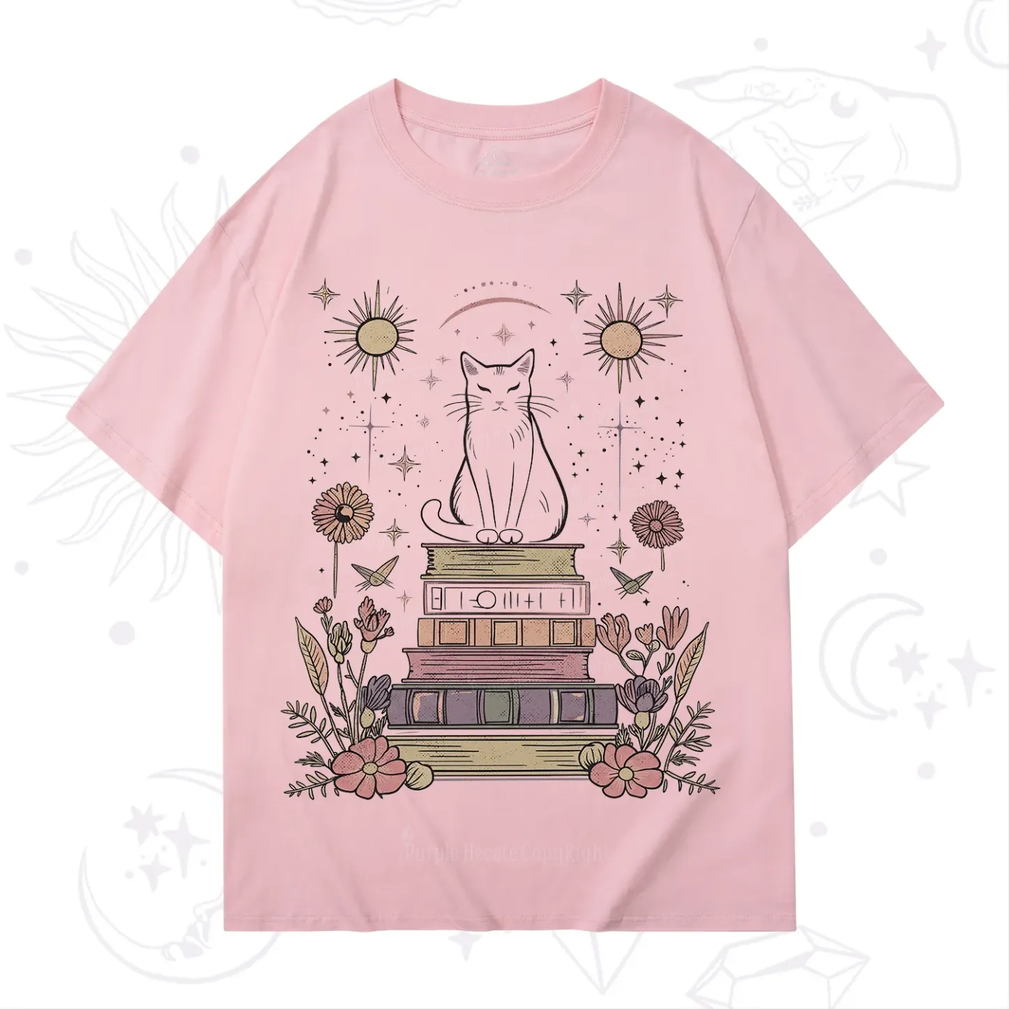 Purplehecate Mystical Cat Reading a Witchy Book T-Shirt