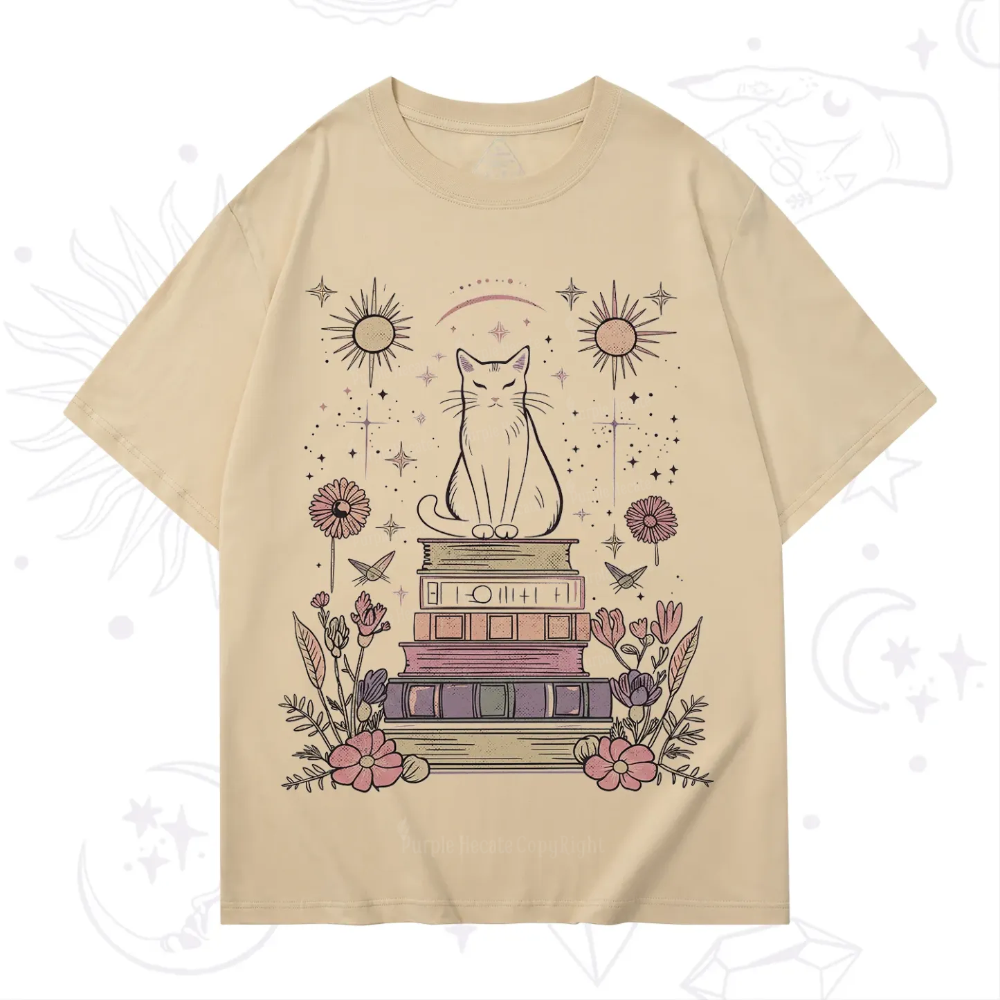 Purplehecate Mystical Cat Reading a Witchy Book T-Shirt