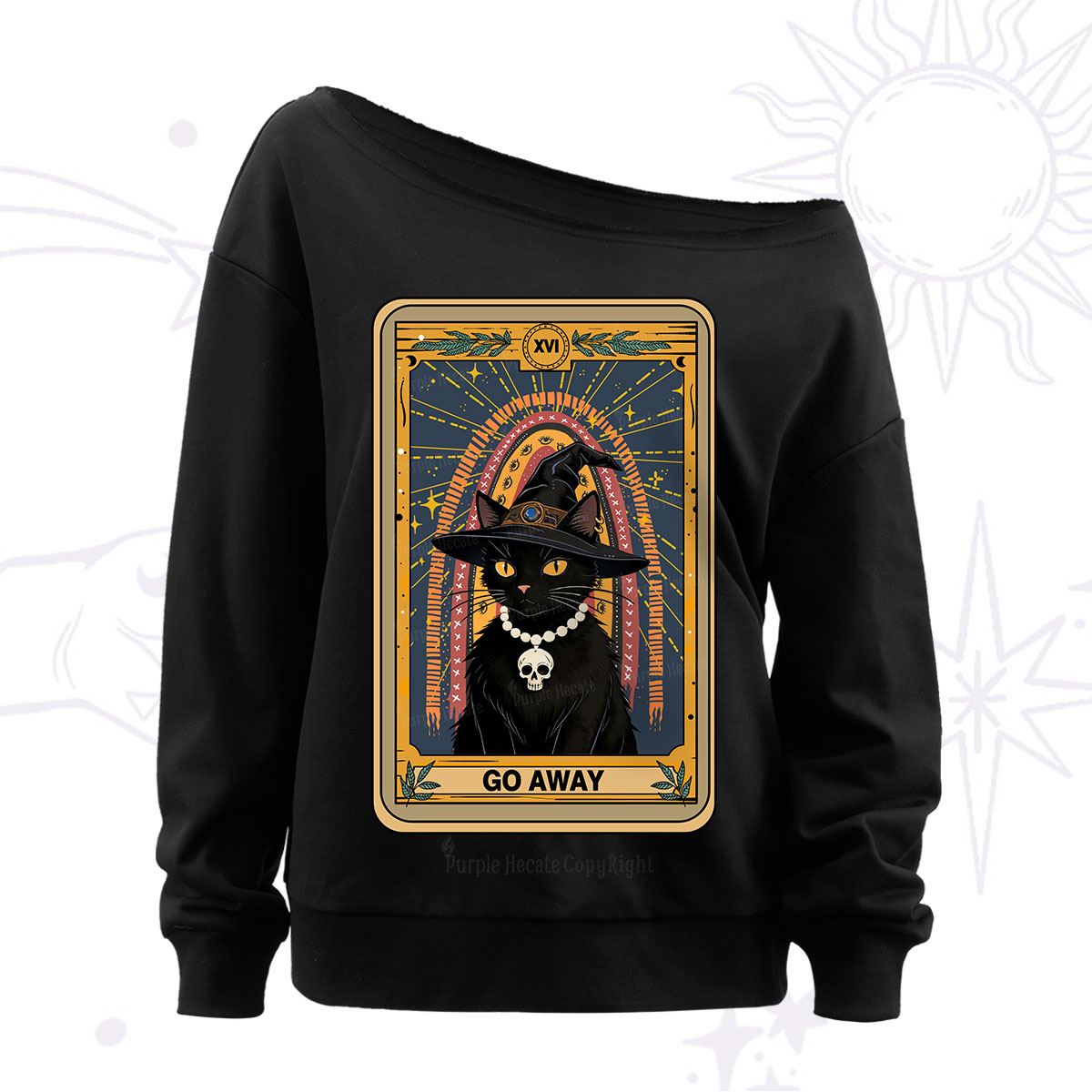 Purplehecate The Go Away Cat Tarot Off The Shoulder Sweatshirt