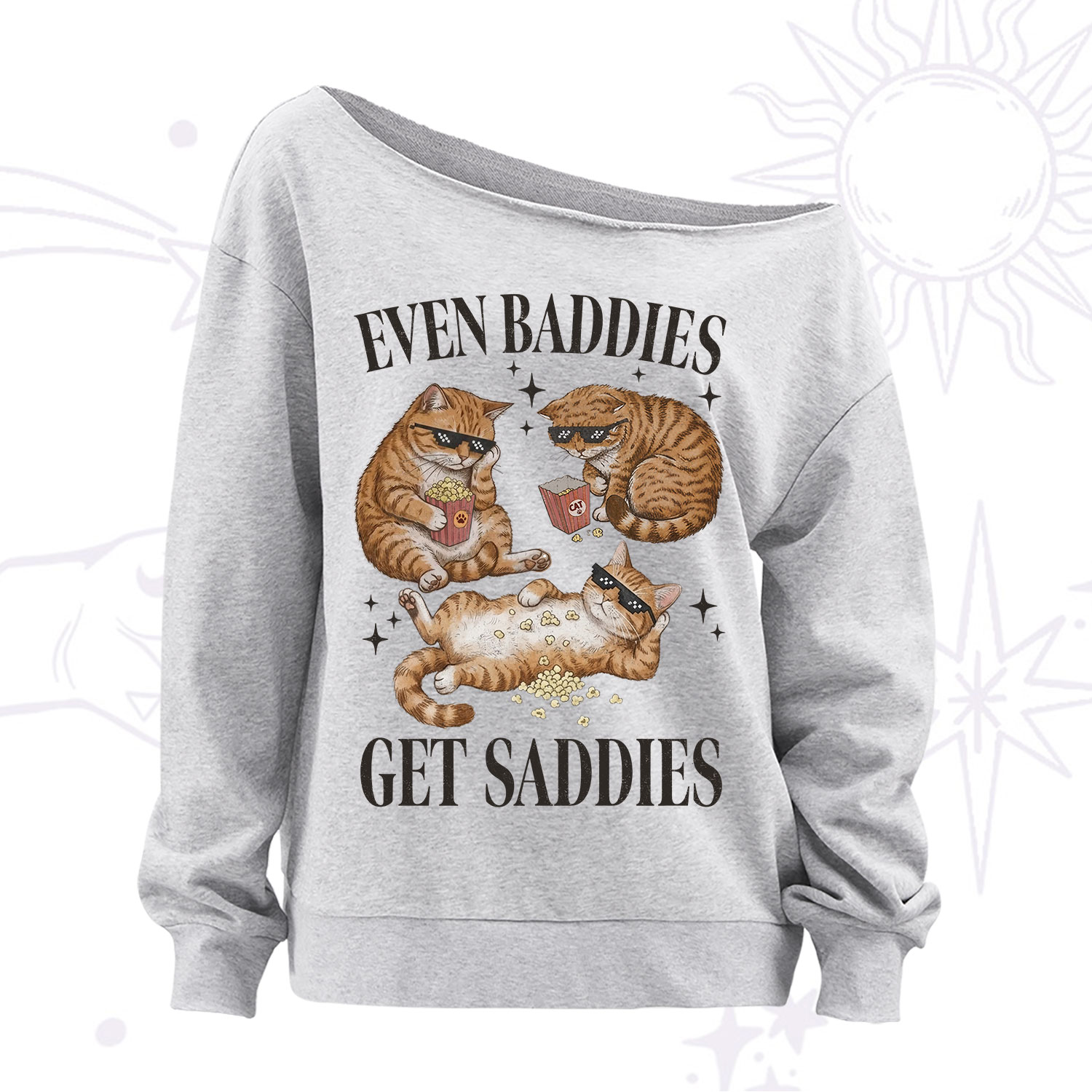 Purplehecate Even Baddies Get Saddies Funny Cat Off The Shoulder Sweatshirt