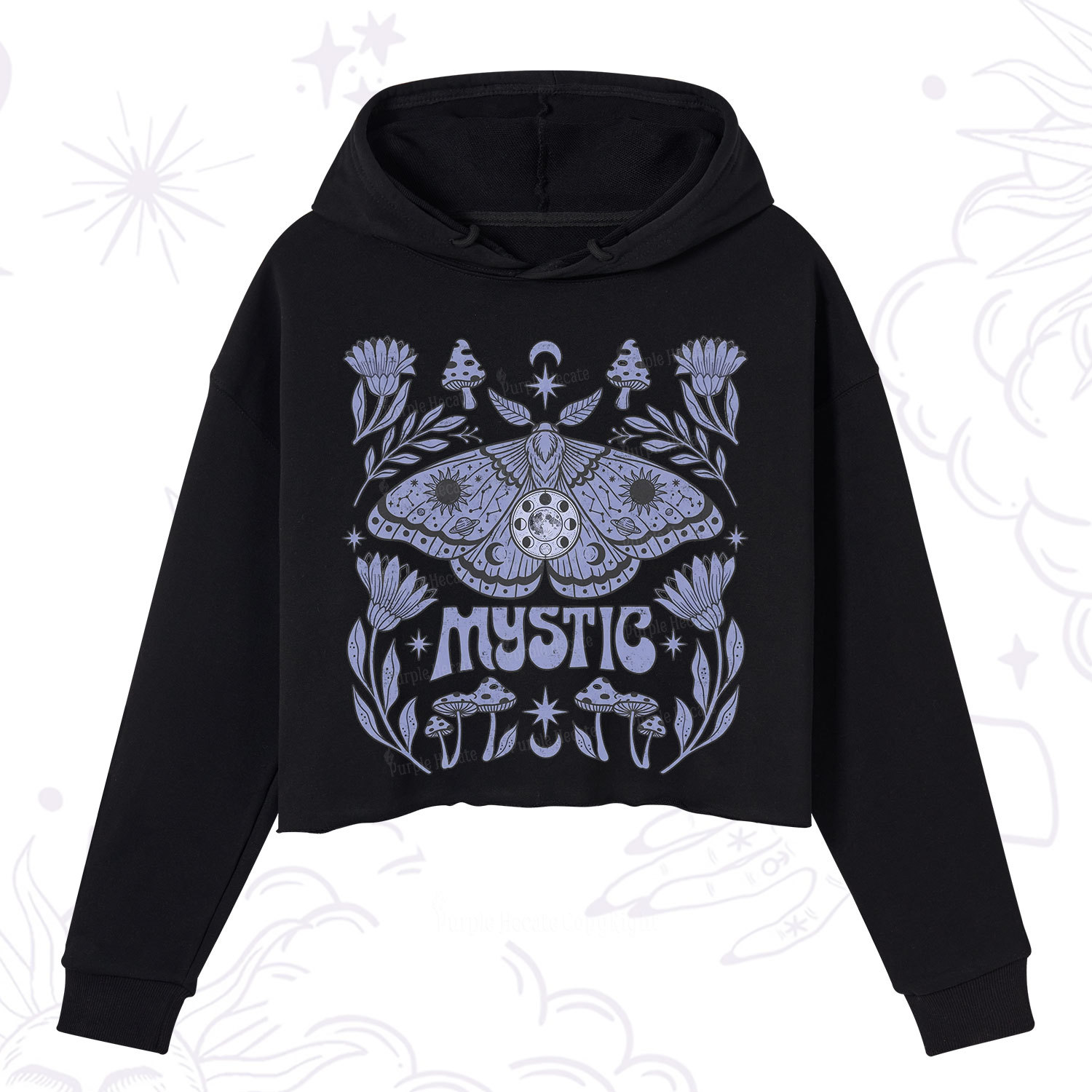 Purplehecate Celestial Moth Mushrooms Crop Hoodie