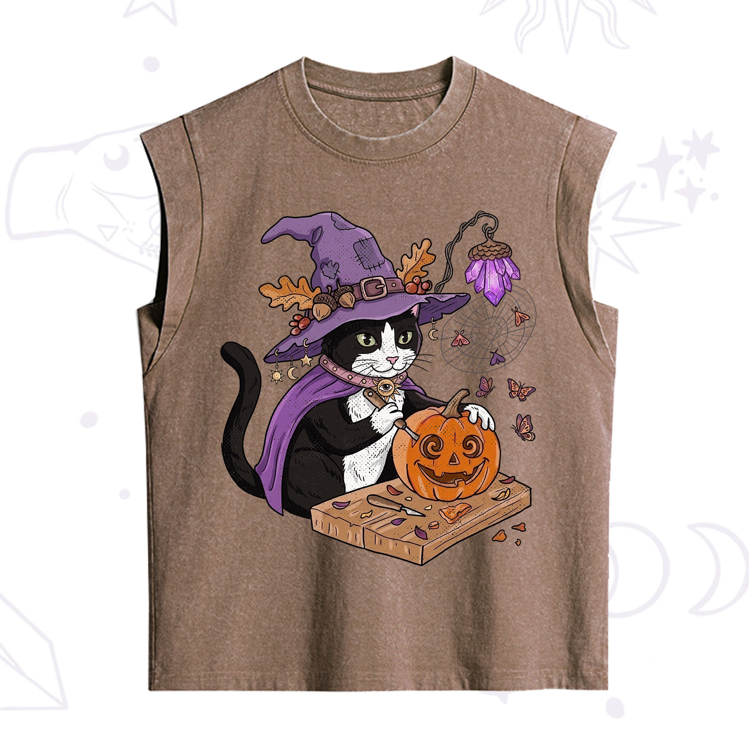 Purplehecate Pumpkin Carving Witch Cat Vintage Washed Tank