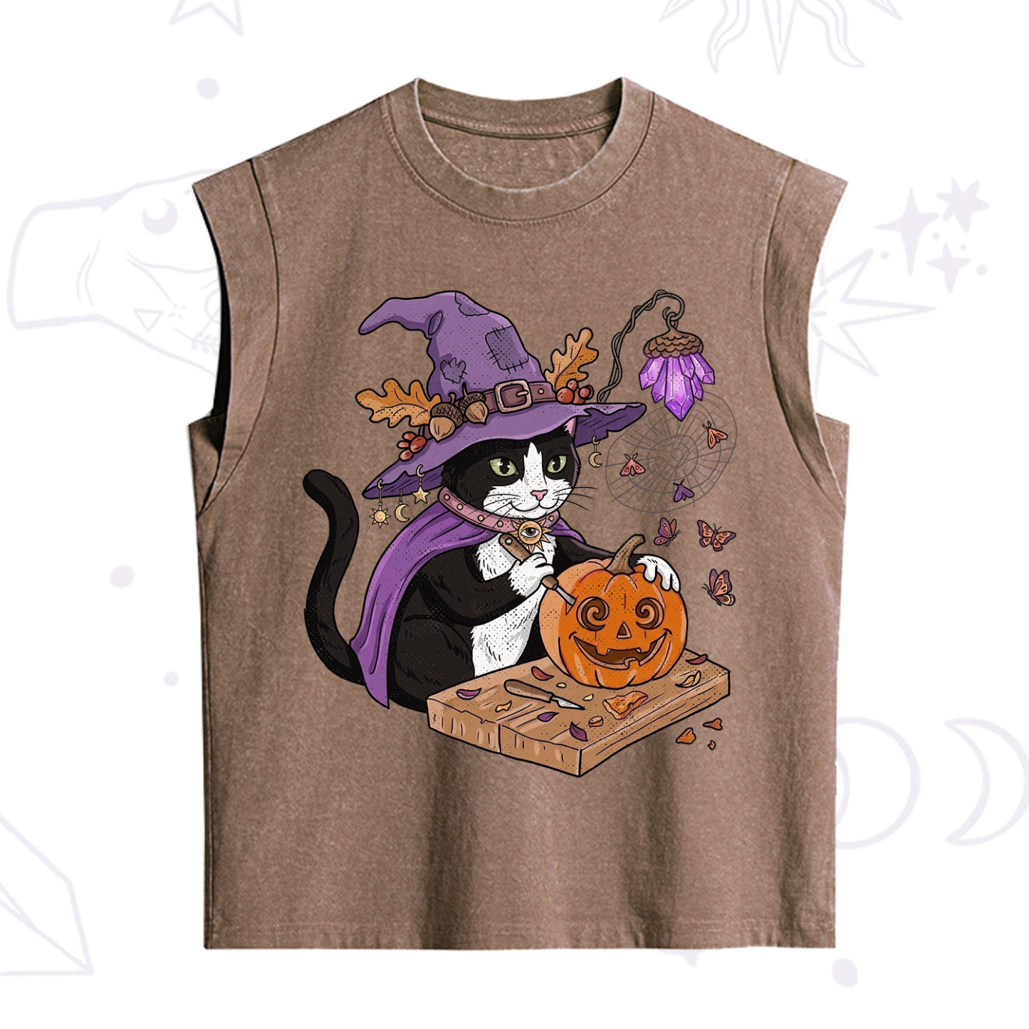 Purplehecate Pumpkin Carving Witch Cat Vintage Washed Tank