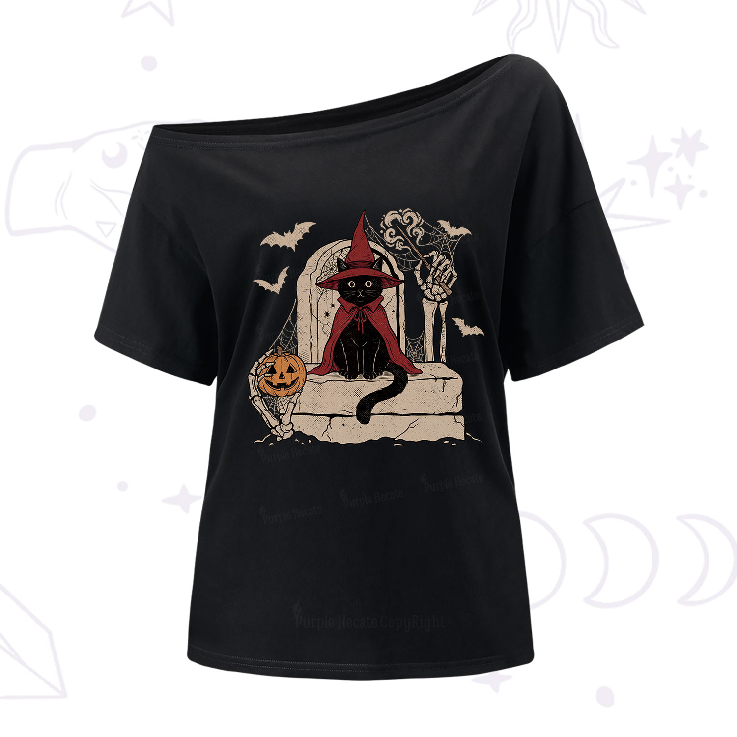 Purplehecate Wizard Black Cat on the Tombstone Halloween One Shoulder T-Shirt