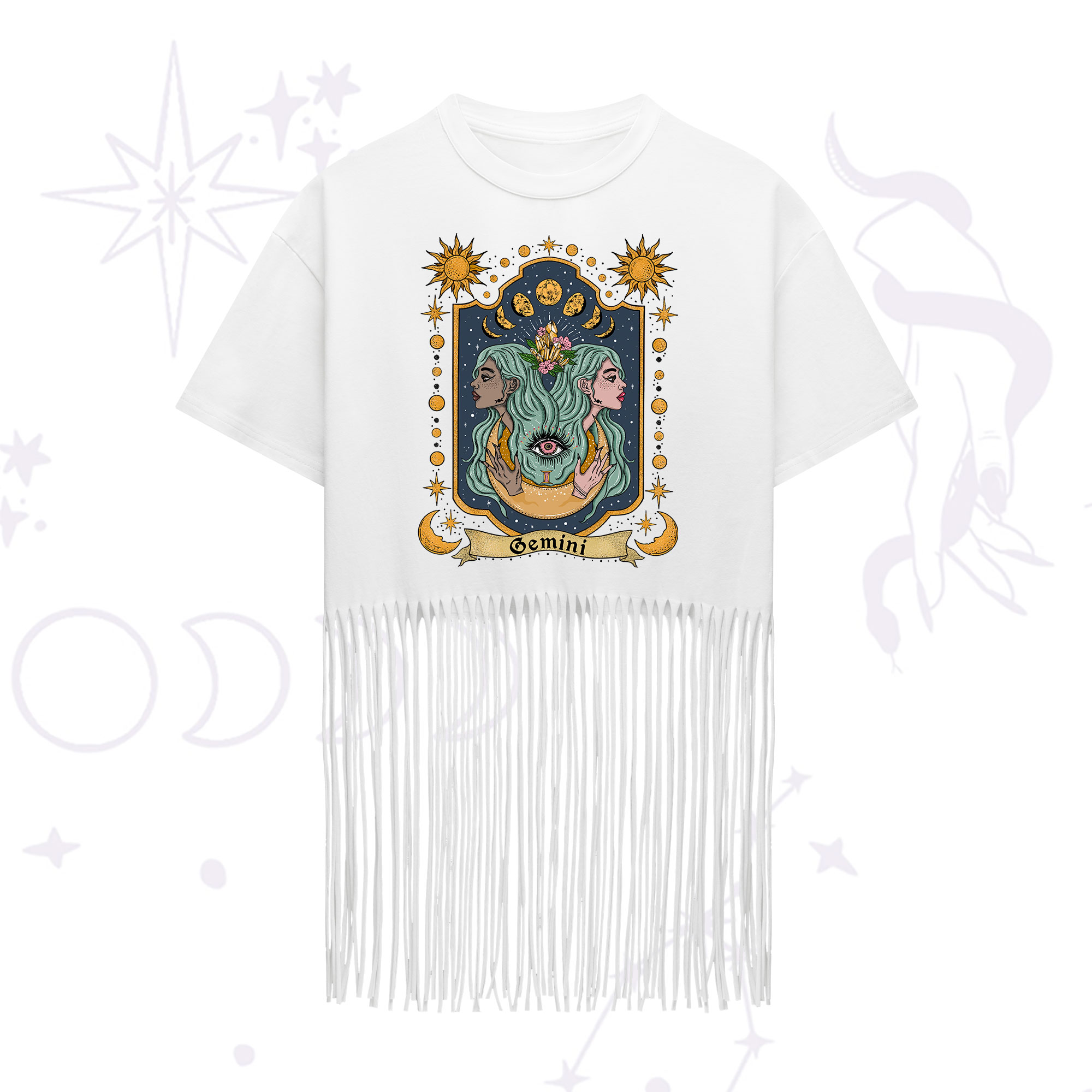 Purplehecate Gemini Zodiac Fringe Hem T-Shirt
