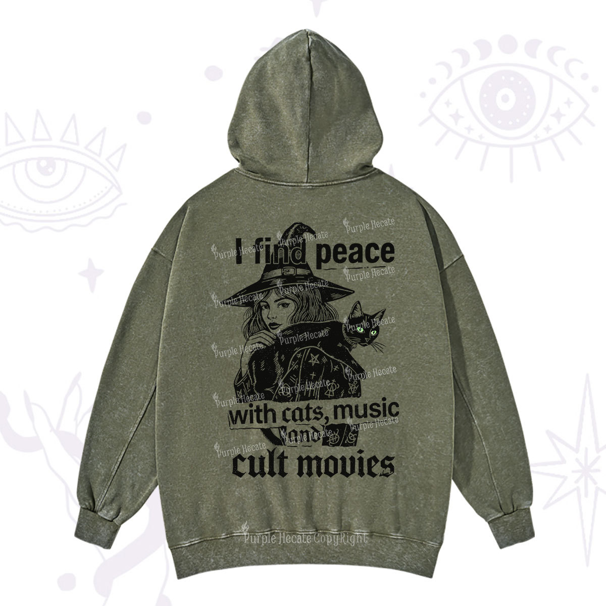 Purplehecate I Find Peace With Cats Music Cult Movies Washed Hoodie