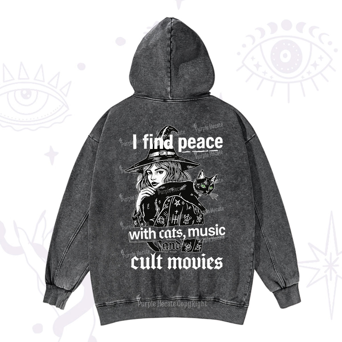 Purplehecate I Find Peace With Cats Music Cult Movies Washed Hoodie