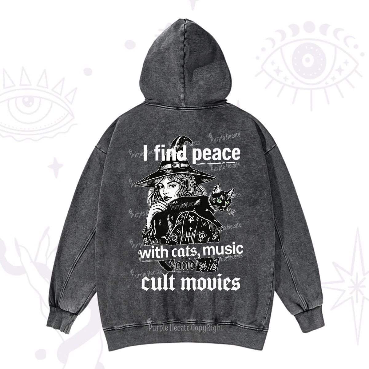 Purplehecate I Find Peace With Cats Music Cult Movies Washed Hoodie