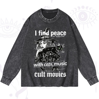 Purplehecate I Find Peace With Cats Music Cult Movies Washed Long Sleeve Shirt