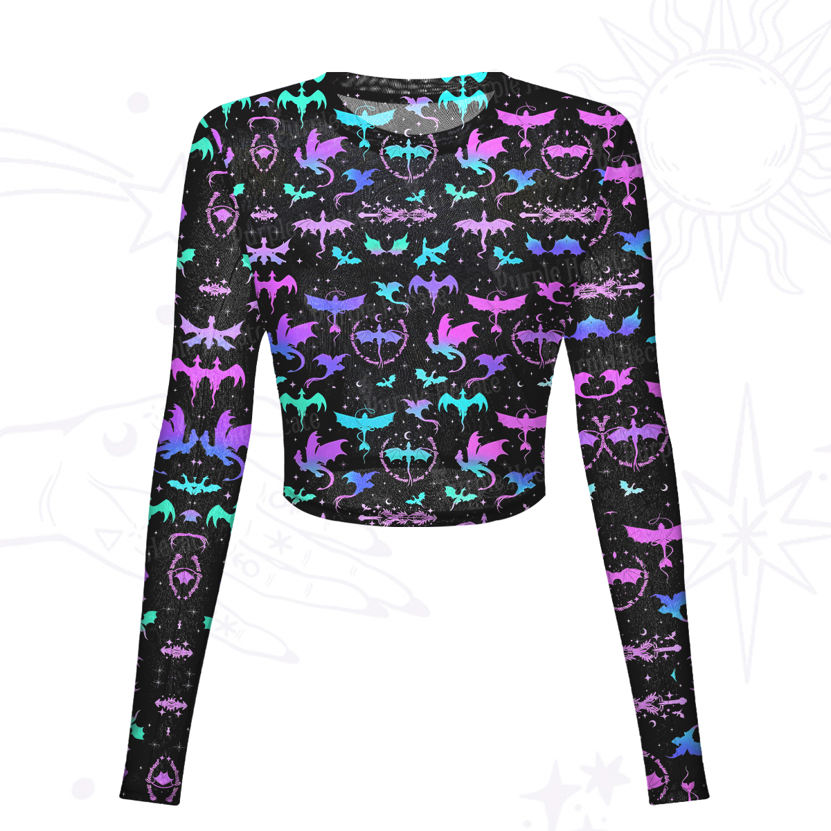 Purplehecate Neon Fantasy Dragon Allover Mesh Long Sleeve Crop Top