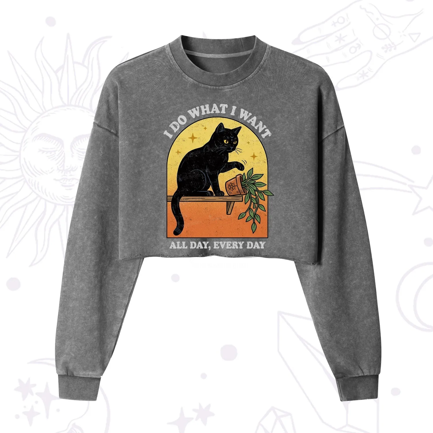 Purplehecate I Do What I Want Funny Black Cat Cropped Washed Sweatshirt