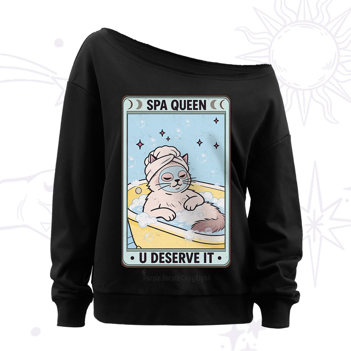 Purplehecate The Spa Queen Cat Tarot Off The Shoulder Sweatshirt