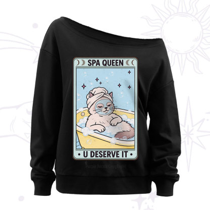 Purplehecate The Spa Queen Cat Tarot Off The Shoulder Sweatshirt