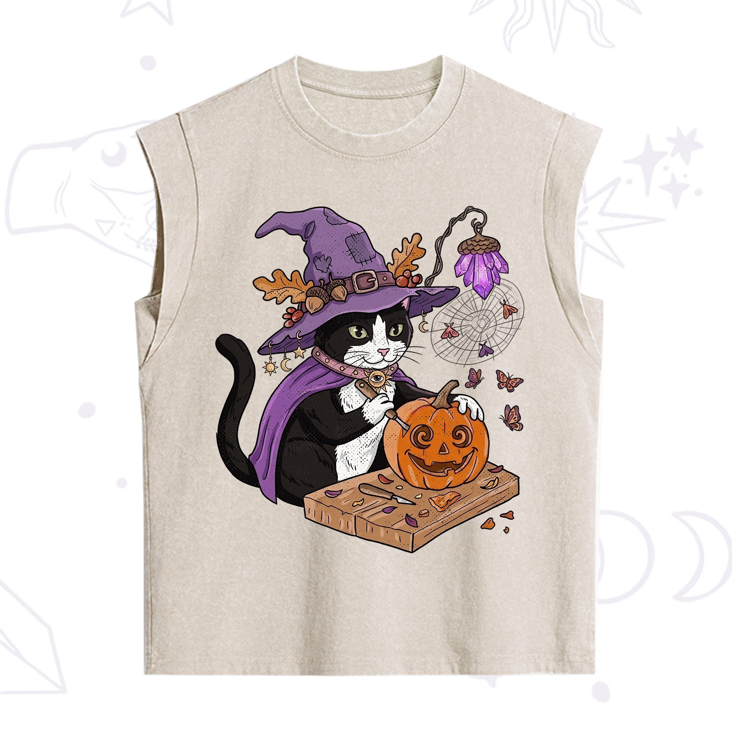 Purplehecate Pumpkin Carving Witch Cat Vintage Washed Tank