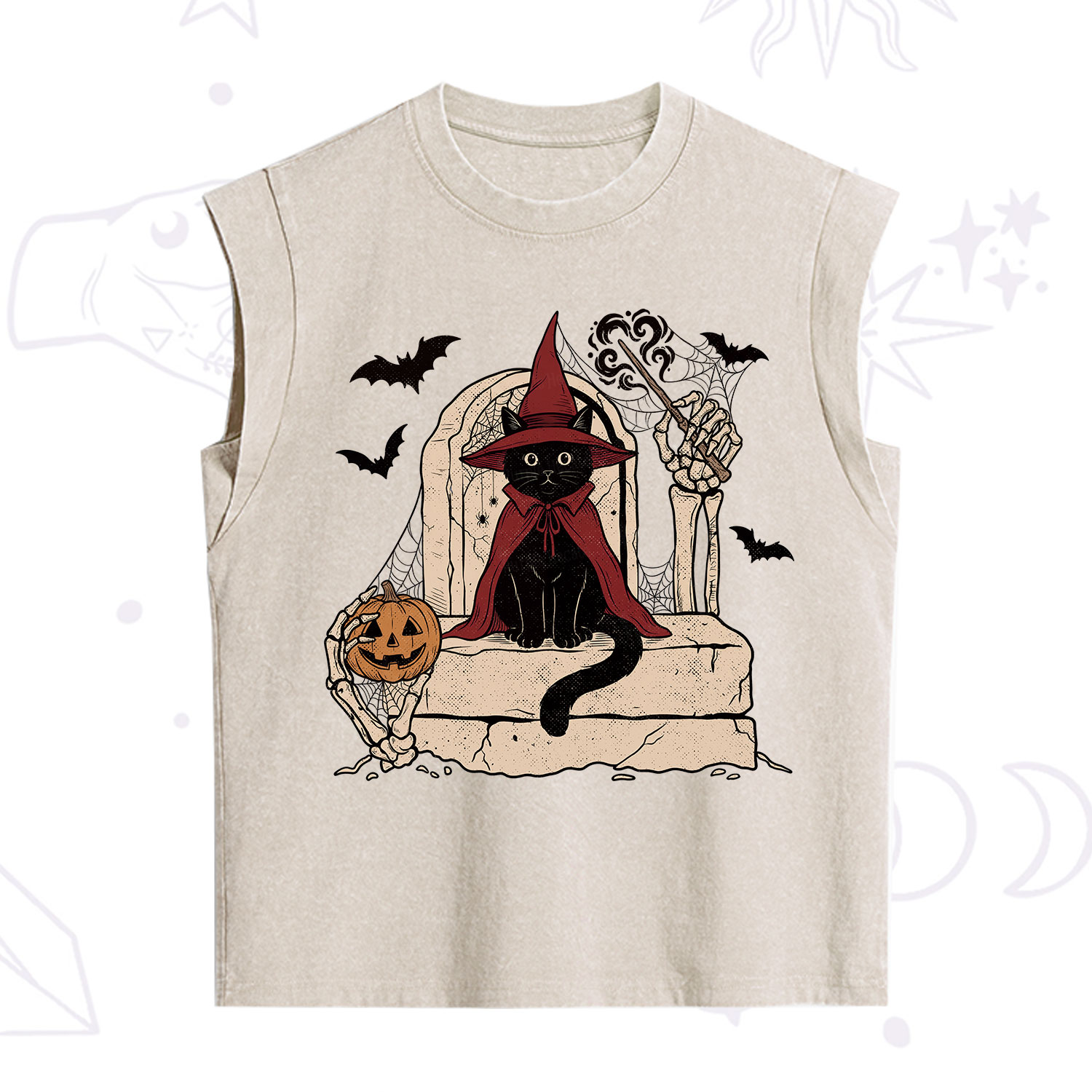 Purplehecate Wizard Black Cat on the Tombstone Halloween Vintage Washed Tank