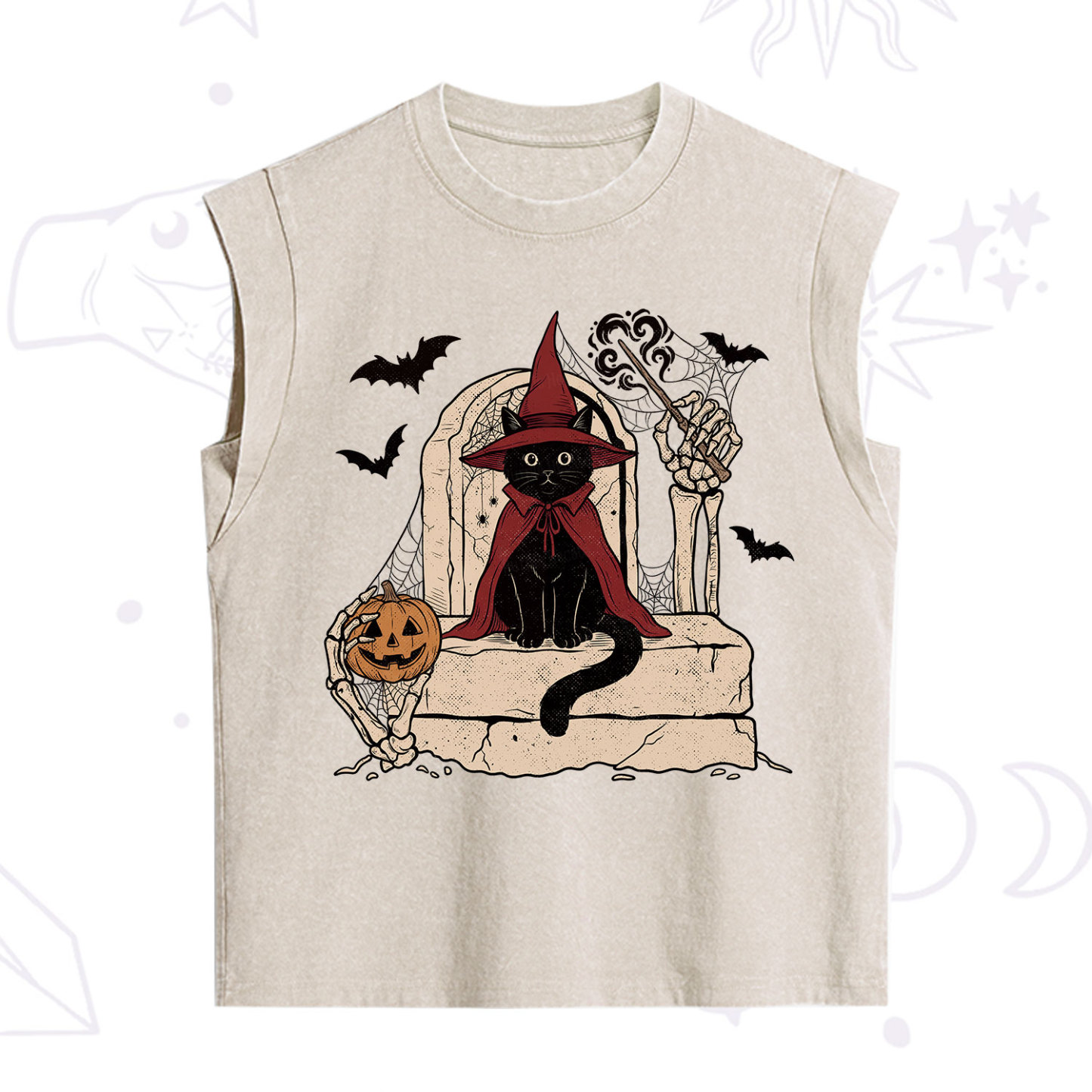 Purplehecate Wizard Black Cat on the Tombstone Halloween Vintage Washed Tank