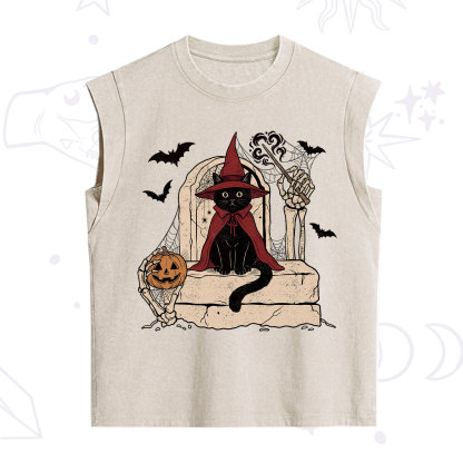 Purplehecate Wizard Black Cat on the Tombstone Halloween Vintage Washed Tank
