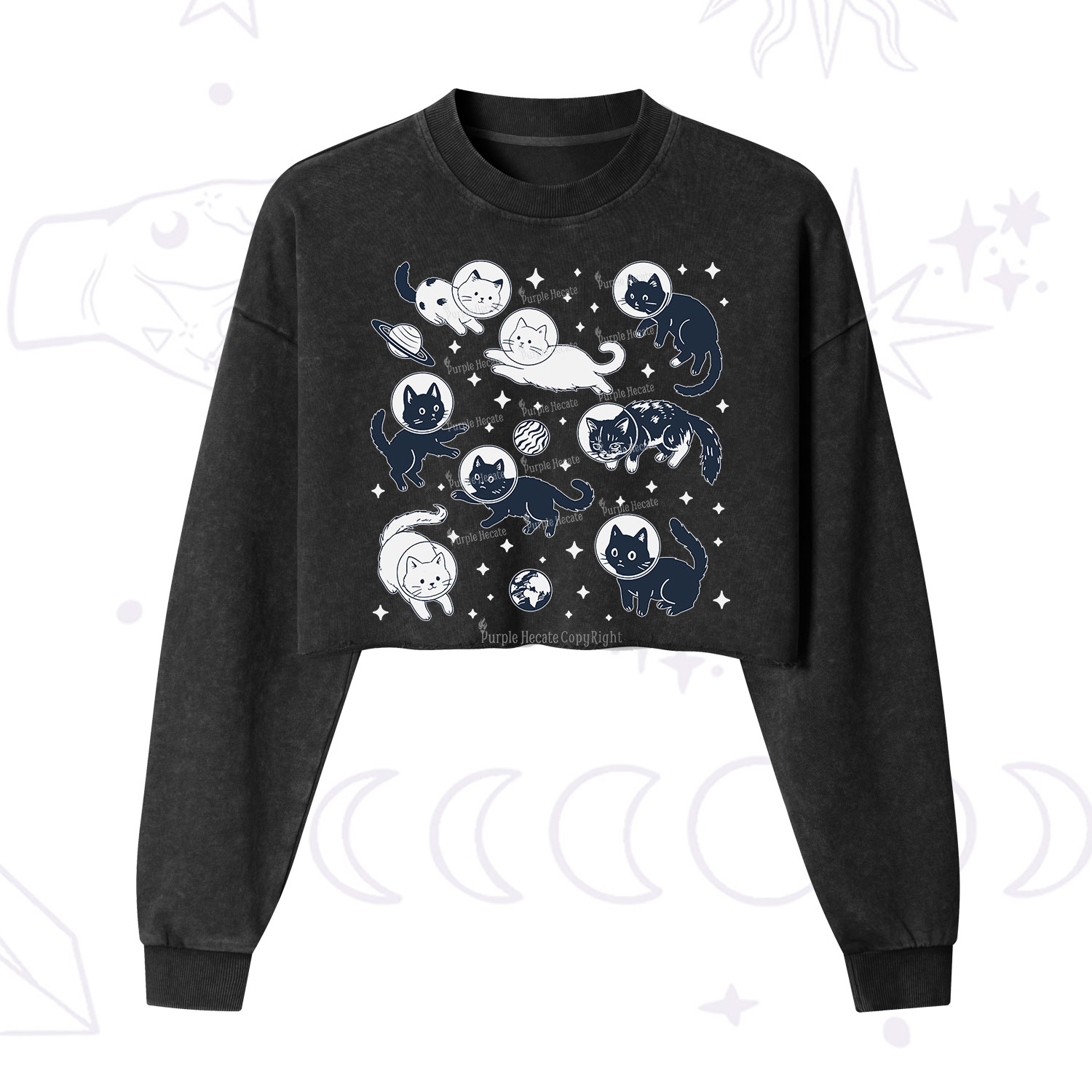 Purplehecate Cats in Space Cropped Washed Sweatshirt