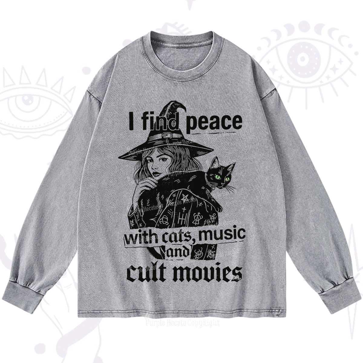 Purplehecate I Find Peace With Cats Music Cult Movies Washed Long Sleeve Shirt