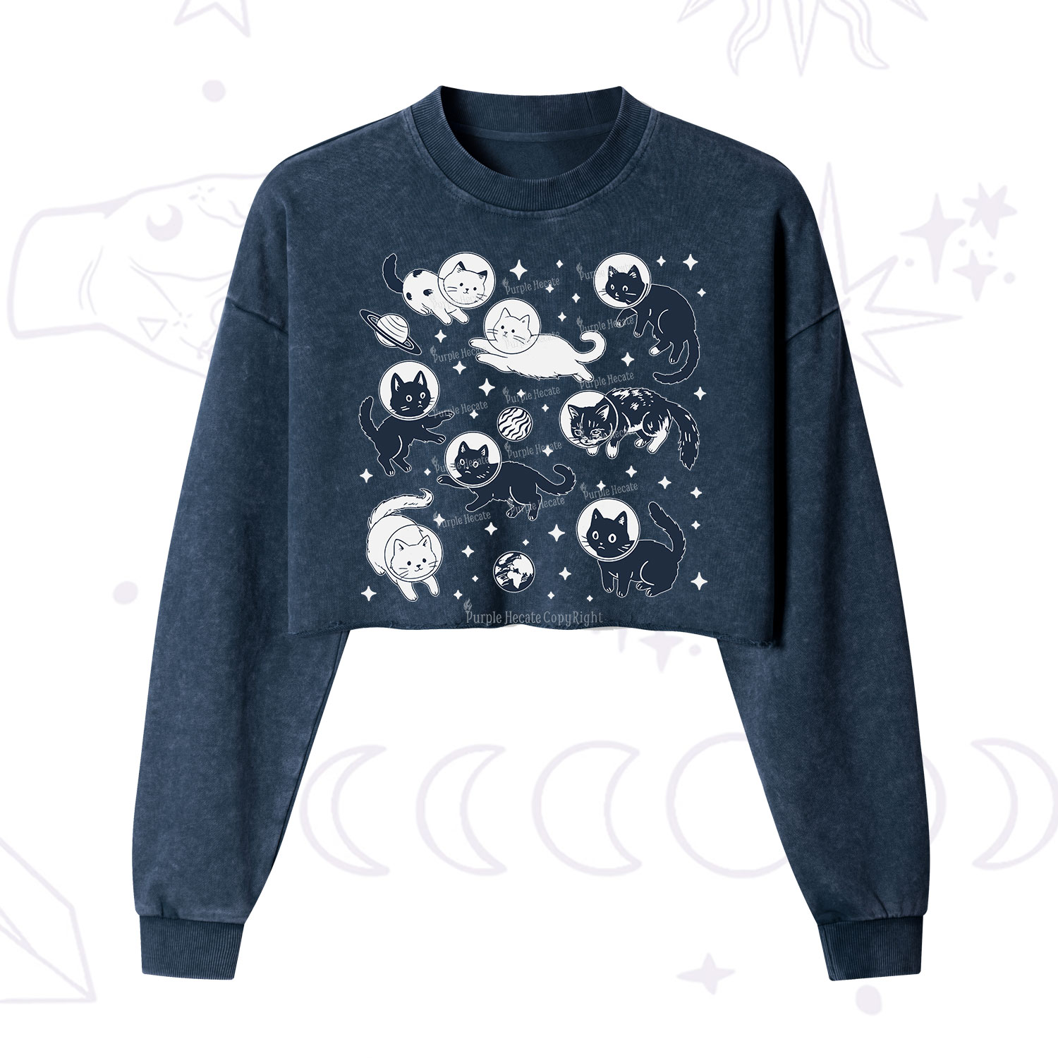 Purplehecate Cats in Space Cropped Washed Sweatshirt