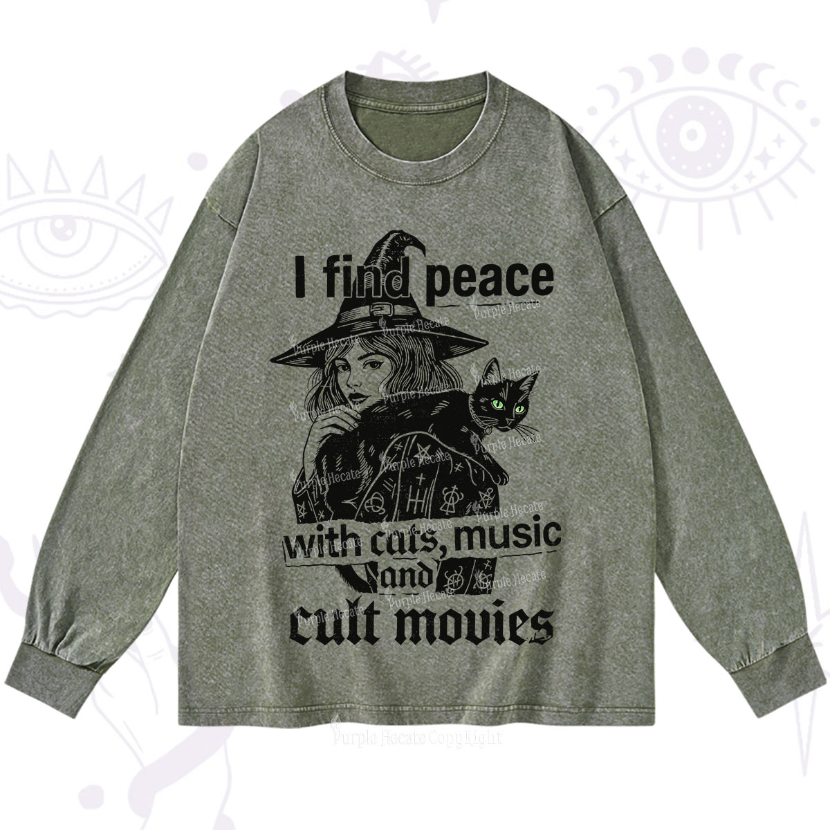 Purplehecate I Find Peace With Cats Music Cult Movies Washed Long Sleeve Shirt