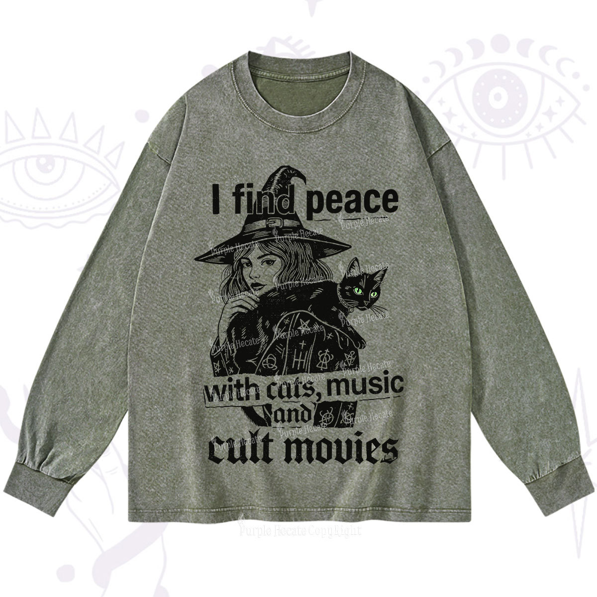 Purplehecate I Find Peace With Cats Music Cult Movies Washed Long Sleeve Shirt