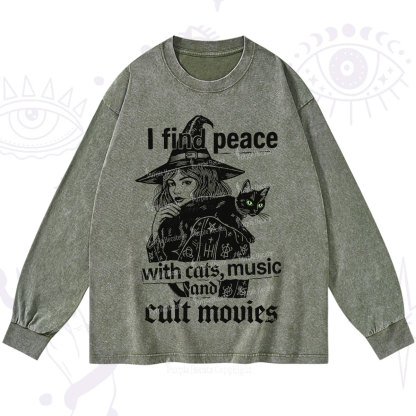 Purplehecate I Find Peace With Cats Music Cult Movies Washed Long Sleeve Shirt