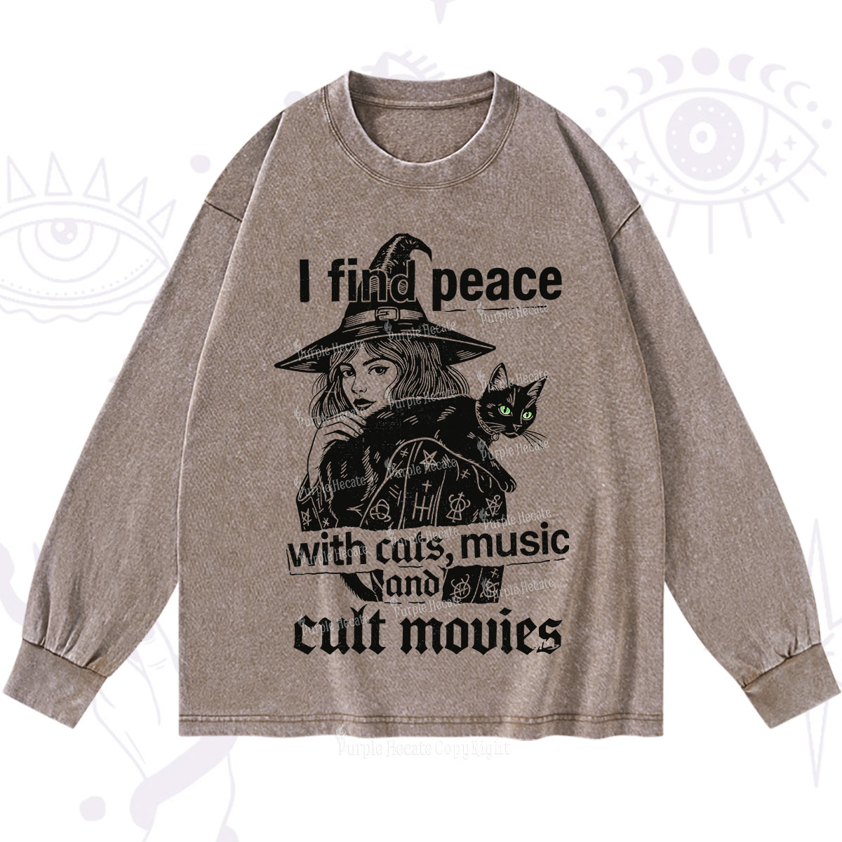 Purplehecate I Find Peace With Cats Music Cult Movies Washed Long Sleeve Shirt