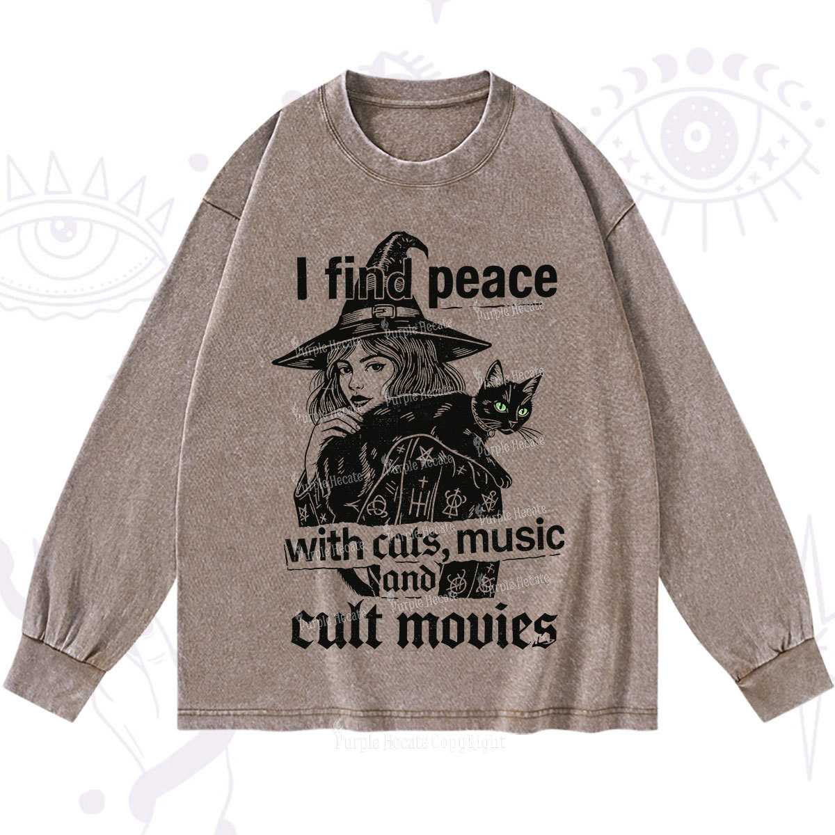 Purplehecate I Find Peace With Cats Music Cult Movies Washed Long Sleeve Shirt