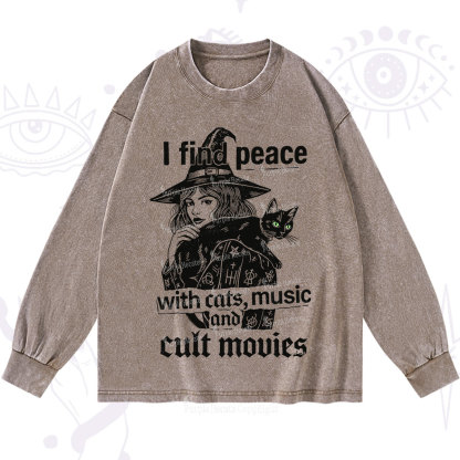 Purplehecate I Find Peace With Cats Music Cult Movies Washed Long Sleeve Shirt