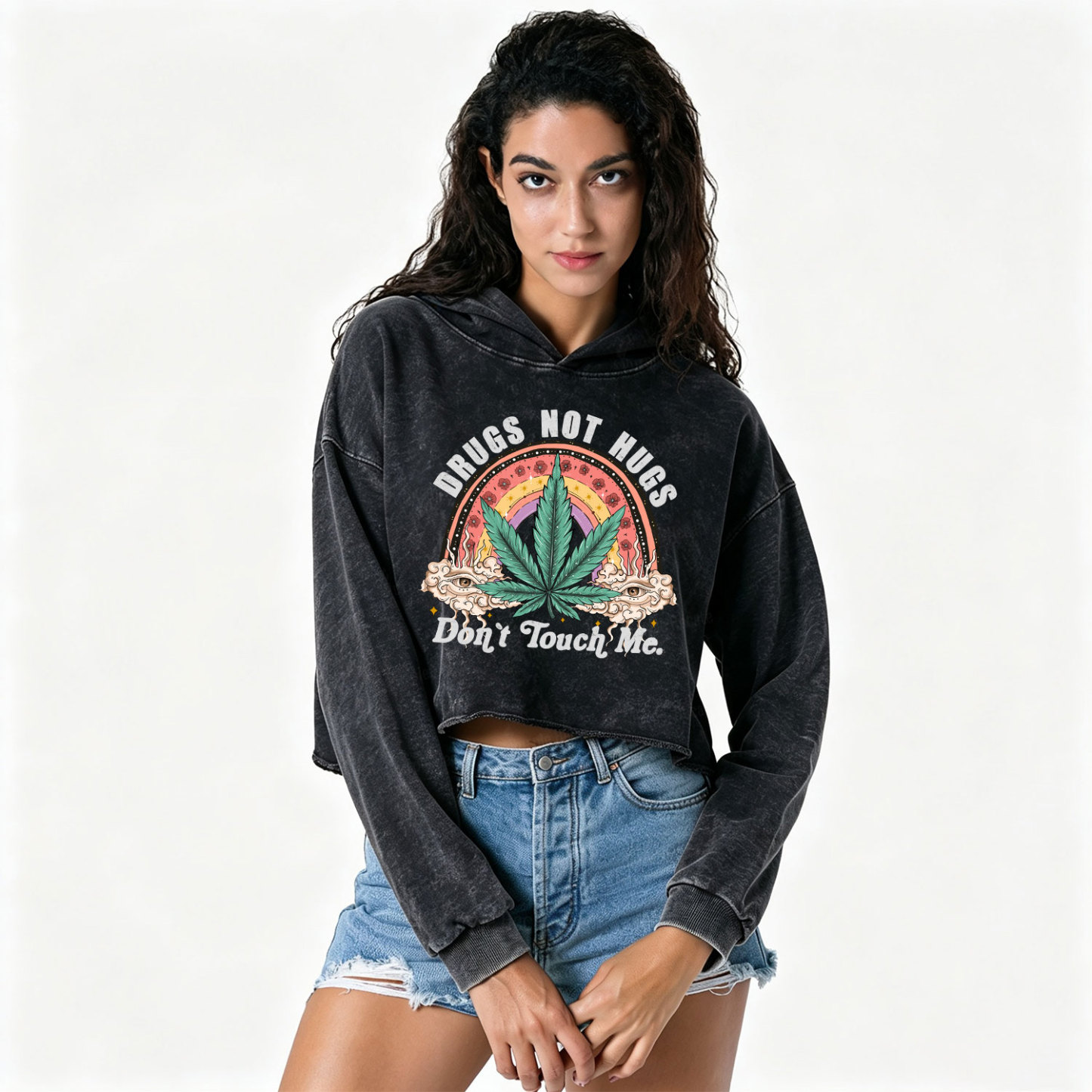 Purplehecate Drugs Not Hugs Washed Cropped Hoodie