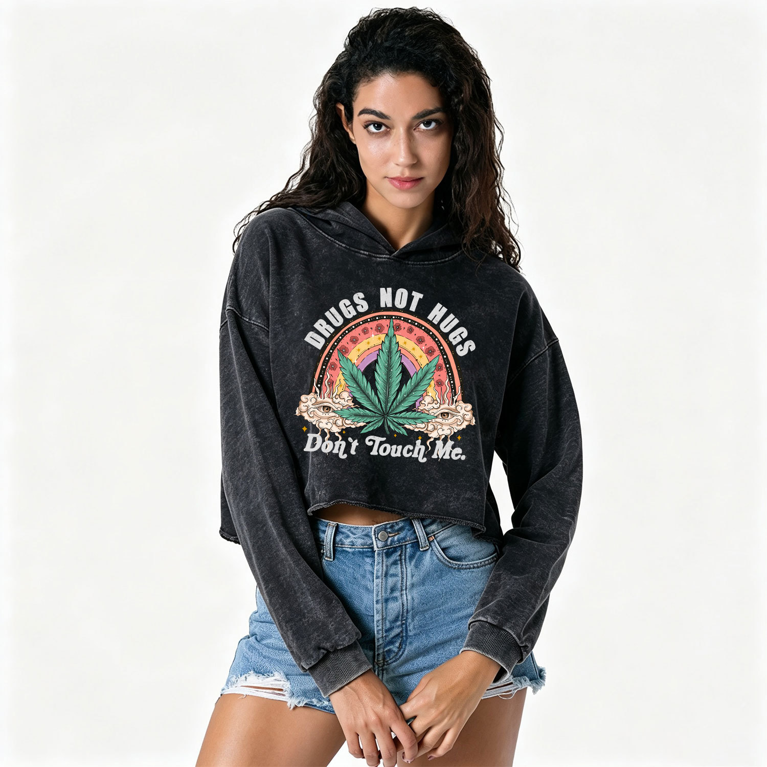 Purplehecate Drugs Not Hugs Washed Cropped Hoodie