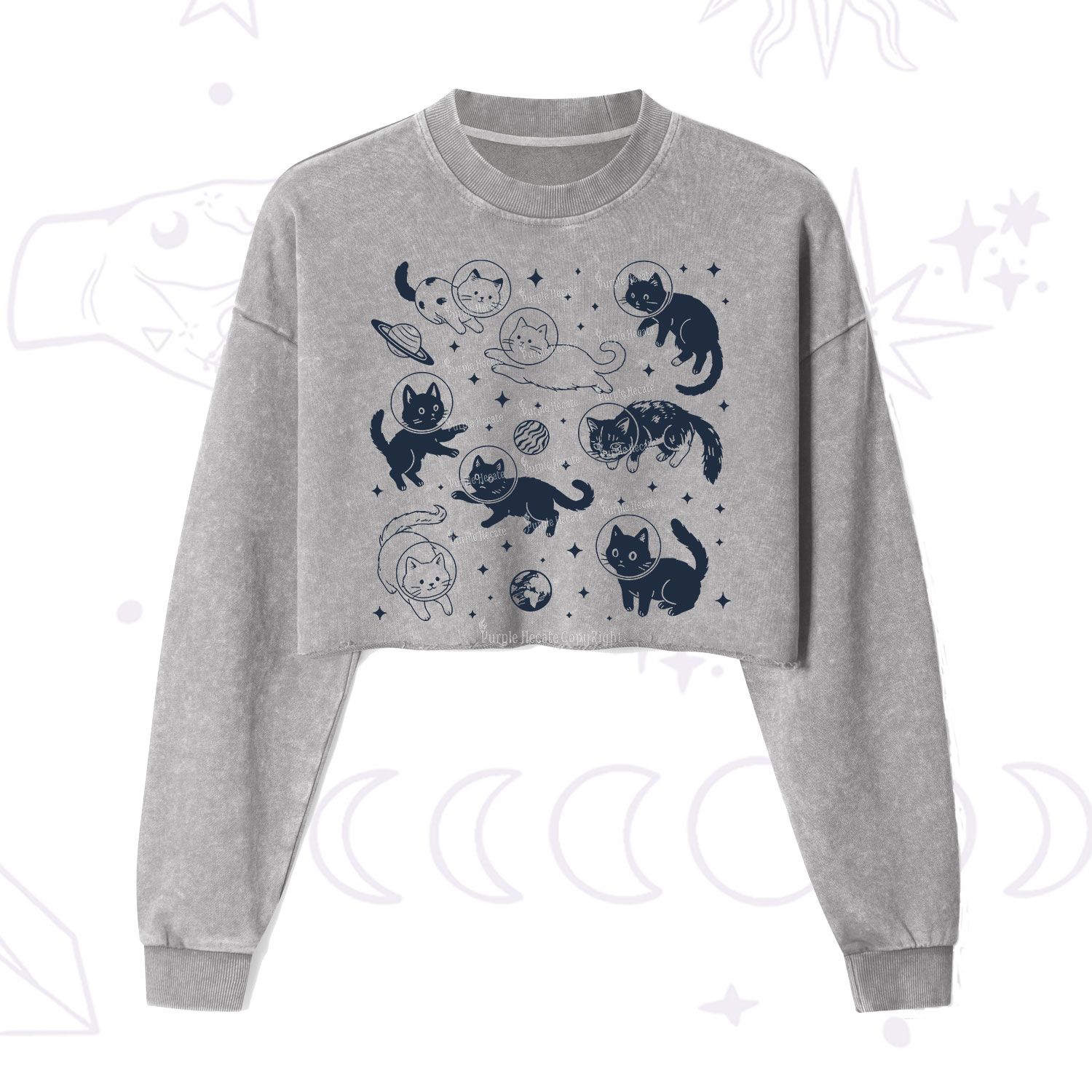 Purplehecate Cats in Space Cropped Washed Sweatshirt