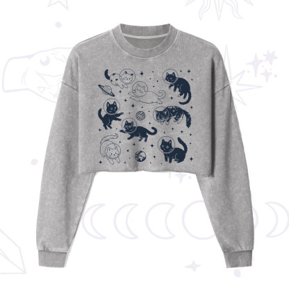 Purplehecate Cats in Space Cropped Washed Sweatshirt