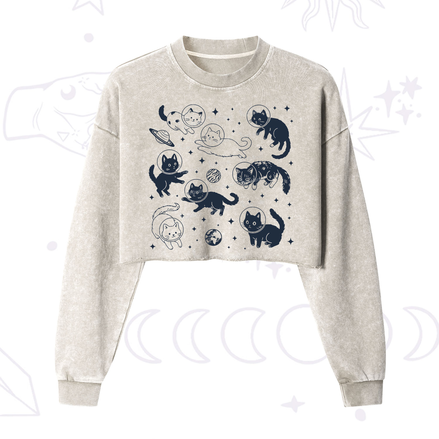 Purplehecate Cats in Space Cropped Washed Sweatshirt