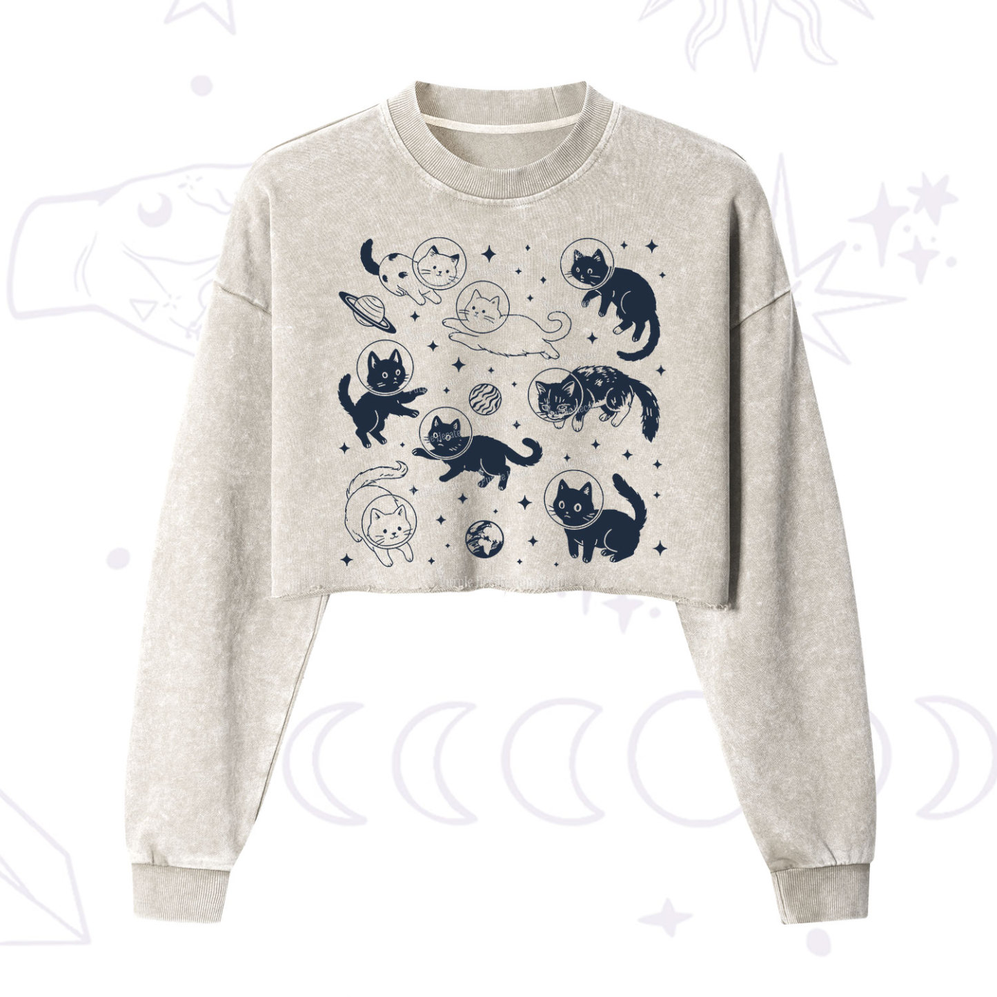 Purplehecate Cats in Space Cropped Washed Sweatshirt