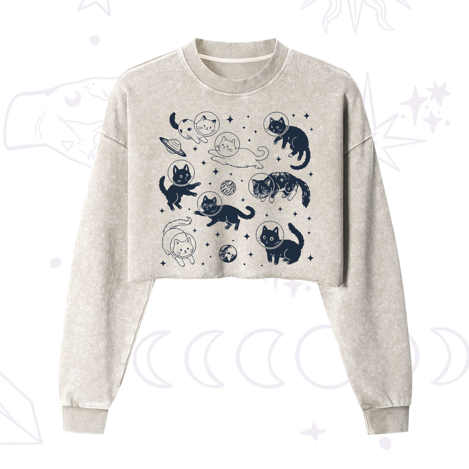 Purplehecate Cats in Space Cropped Washed Sweatshirt